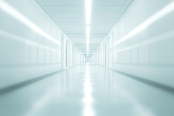 Empty, bright, sterile hallway.  Modern, futuristic medical corridor.  Clean, spacious, and well-lit
