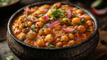 Spicy chickpea curry served in a traditional bowl with fresh herbs and onions