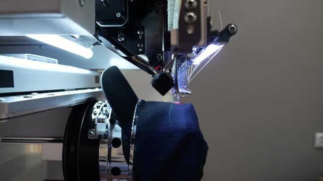 Machine embroidery of a black hat with red thread shot close up. Concept for: Automated work, Embroidery machine, Sewing machine, Thread, Fabric, Needle, Hat. 4k video 50fps.