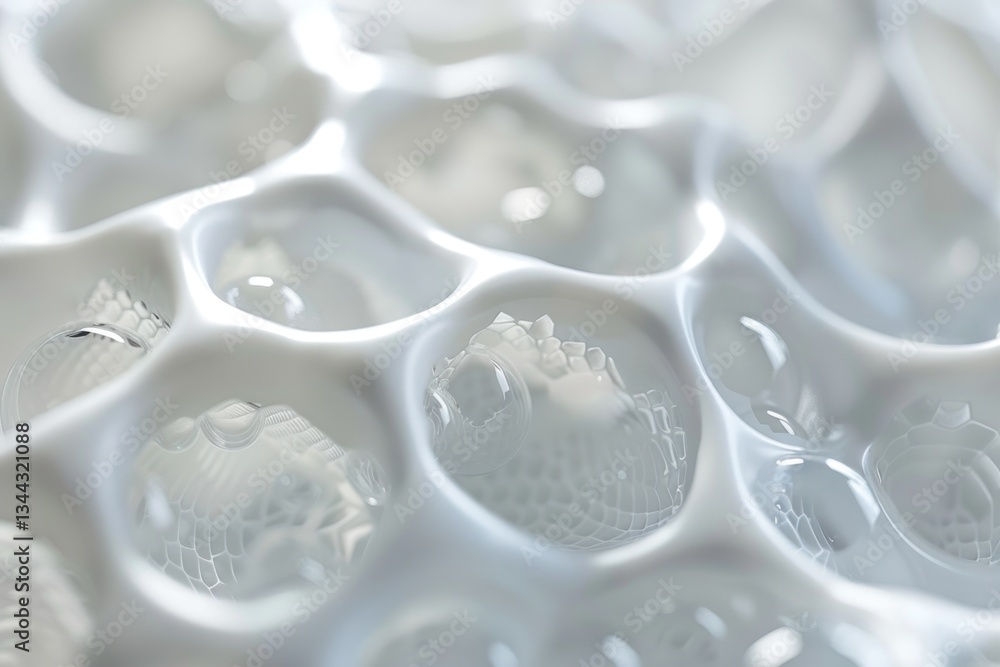 Poster transparent honeycombs hold floating liquid elements and delicate bubbles illuminated by soft diffus