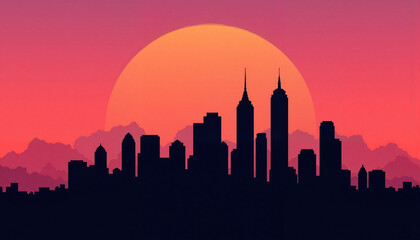 Fototapeta premium City skyline silhouette against colorful sunset, urban beauty