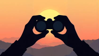 Hands holding binoculars against sunset mountain view, exploration
