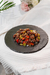 Beef fried rice on a simple background