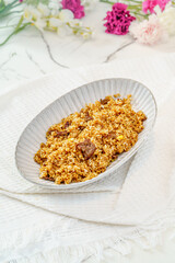Beef fried rice on a simple background