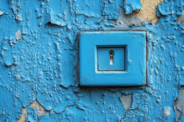 an old cracked wall painted in bright blue. In the center of the composition is a small lock mechanism, neatly built into the wall. 