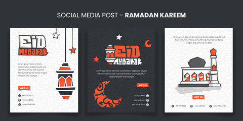 Eid mubarak. Set of portrait social media post template with cartoon lantern and mosque