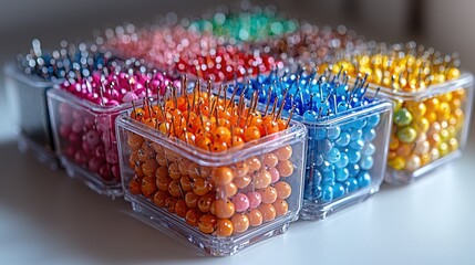 Colorful array of sewing pins in transparent containers on a white surface