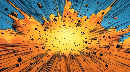 A comic book illustration of a large explosion with orange and blue colors