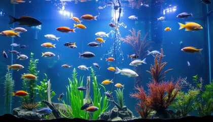 Colorful fish swimming in a vibrant aquarium underwater scene marine life blue environment wide angle view