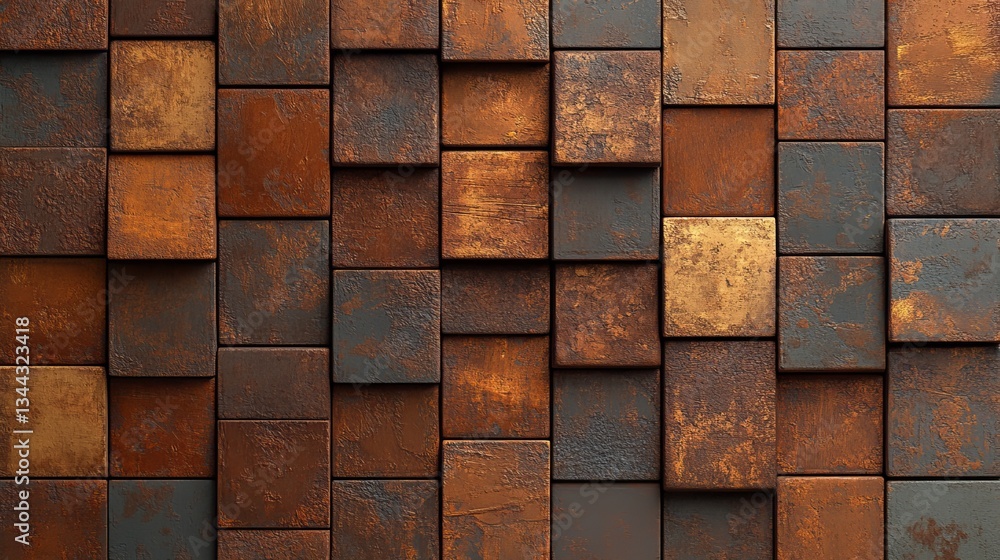 Poster a wall formed by polished, rectangular mosaic tiles, with a background consisting of stacked natural