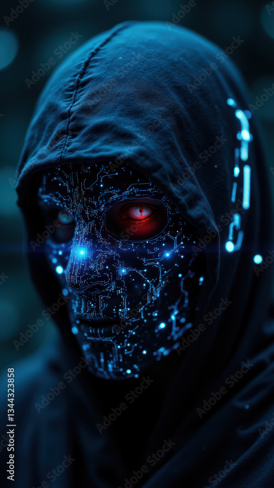 Poster a cyberpunk themed illustration of a person wearing a mask with glowing digital patterns, representi
