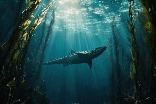 A prehistoric underwater scene with a Mosasaurus swimming past giant sea plants