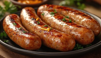 Grilled sausages with herbs and mustard. Perfect for food blogs, restaurant menus, or any project needing appetizing food photography.