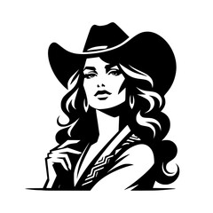 A vector silhouette of a cowgirl wearing a cowboy hat, isolated on a white background.