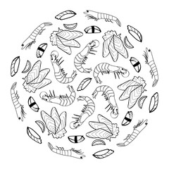 Asian food illustration in doodle style in vector