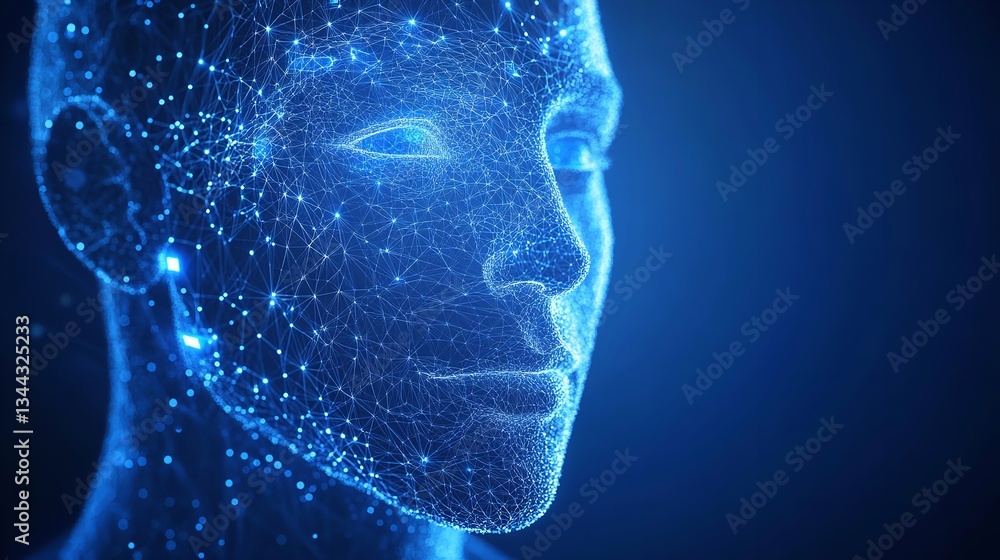 Poster abstract digital human face network lines blue glowing technology artificial intelligence ai 3d data