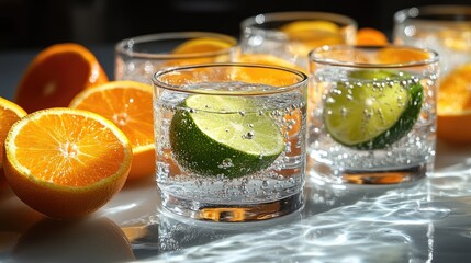 Fototapeta premium Sparkling water with lime and orange slices in glasses. Perfect for refreshment, summer, and healthy drink concepts.