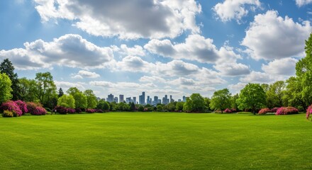Fototapeta premium Scenic view of the park with green grass field in city and a cloudy blue sky background Beautiful green park