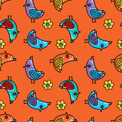 Bird, bright Mexican floral-botanical seamless pattern of turquoise, pink, orange, green, yellow flowers.