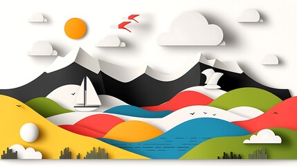Colorful paper cut landscape with mountains, clouds, and a sailboat
