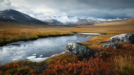 Naklejka premium Serene Arctic tundra featuring frozen landscapes, icy flora, and towering white peaks high resolution wallpaper