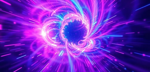 Abstract neon pink, blue, purple, white rays swirl in a circular motion, creating a cosmic energy explosion, graphic, design