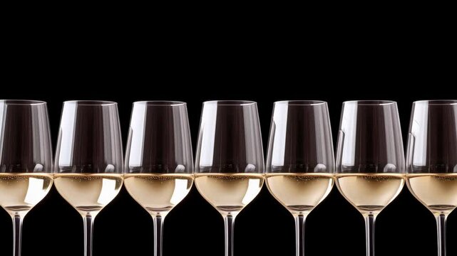 White Wine Array: Elegant glasses filled with crisp white wine lined up on a wooden table black backdrop