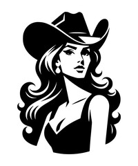 A vector silhouette of a cowgirl wearing a cowboy hat, isolated on a white background.