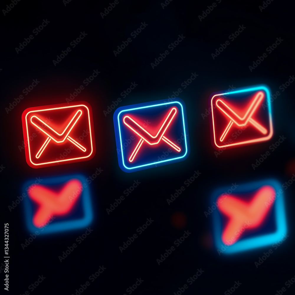 Poster illustration of warning and alert email notifications with red and blue envelopes against a dark bac