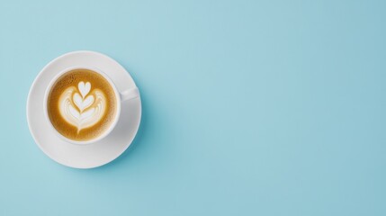 Morning Coffee Delight: A beautifully crafted cup of latte art sits on a matching saucer, presenting a moment of tranquility and aesthetic pleasure against a clean, modern backdrop.