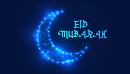 Eid Mubarak, low poly, crescent moon, Ramadan, digital art, Islamic festival,