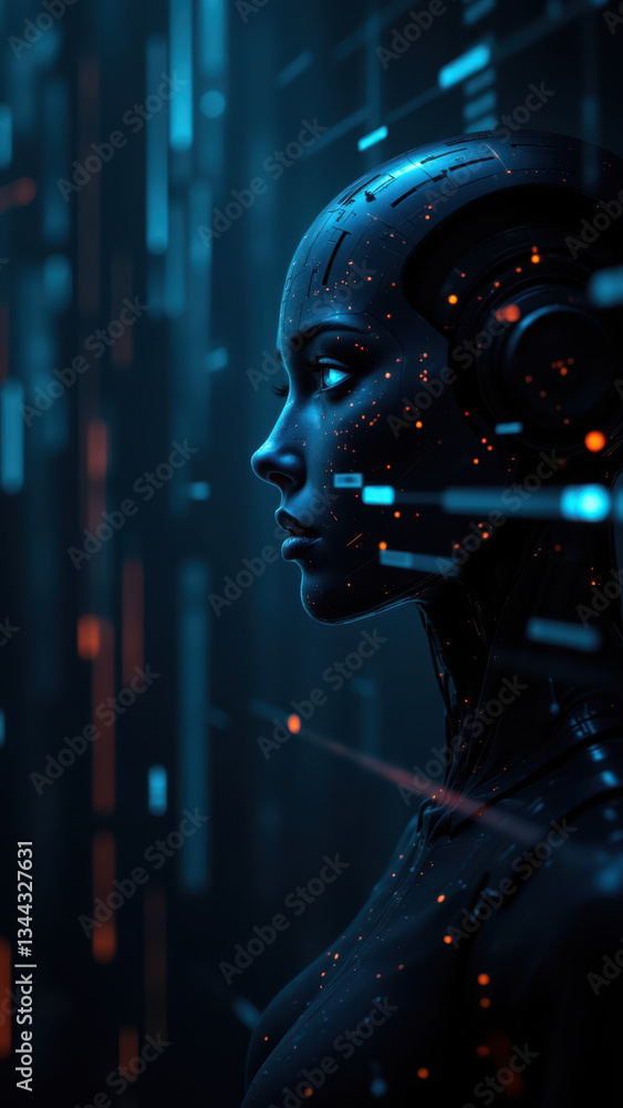 Poster futuristic robot woman with cybernetic enhancements in a digital environment, emphasizing cybersecur