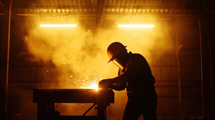Fototapeta premium hardhat wearing welder operates machinery, creating sparks and dust dimly lit factory, showcasing intense focus and