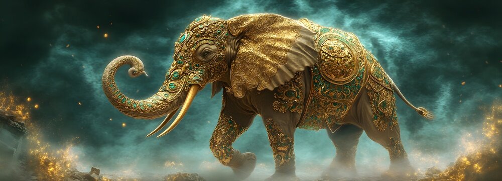 An armored war elephant covered in intricate gold and emerald plating, walking through an ancient battlefield surrounded by mist and ruins