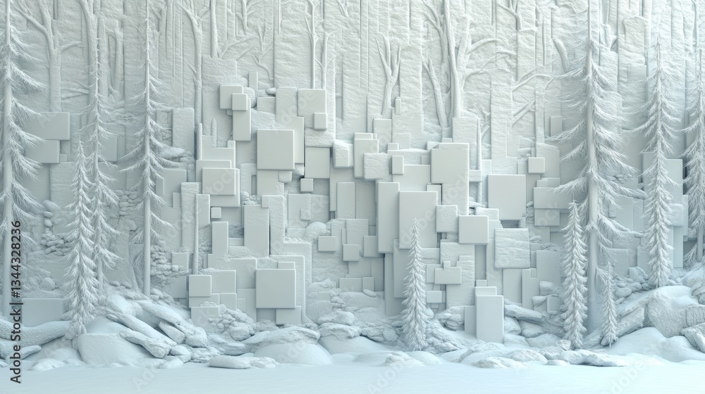 Poster an abstract tech background is formed by white 3d shapes, presented as a 3d render with copy space