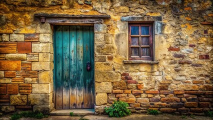 Rustic Charm: Long Exposure of Aged Stone Wall, Window, and Wooden Door