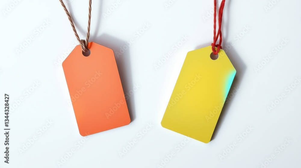 Aufkleber two vibrant tags, one orange with brown string and another yellow with red string, sit on a white su