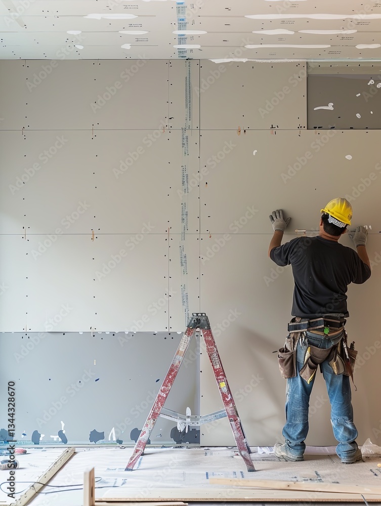 Aufkleber worker fitting drywall panels in construction phase of renovation focusing on precision and progress