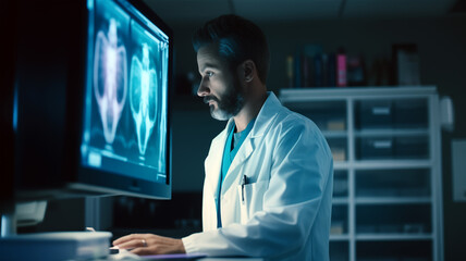 A person in a white coat looking at a computer screen displaying X-ray or CT scan images in a dimly lit room