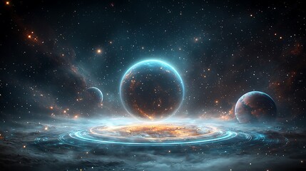 Obraz premium Cosmic nebula with vibrant planets and rings