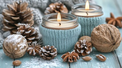 Cozy winter scene with candles, pine cones, and walnuts.