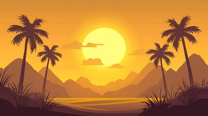 Tropical sunset scene with palm trees over ocean. For travel or relaxation ads