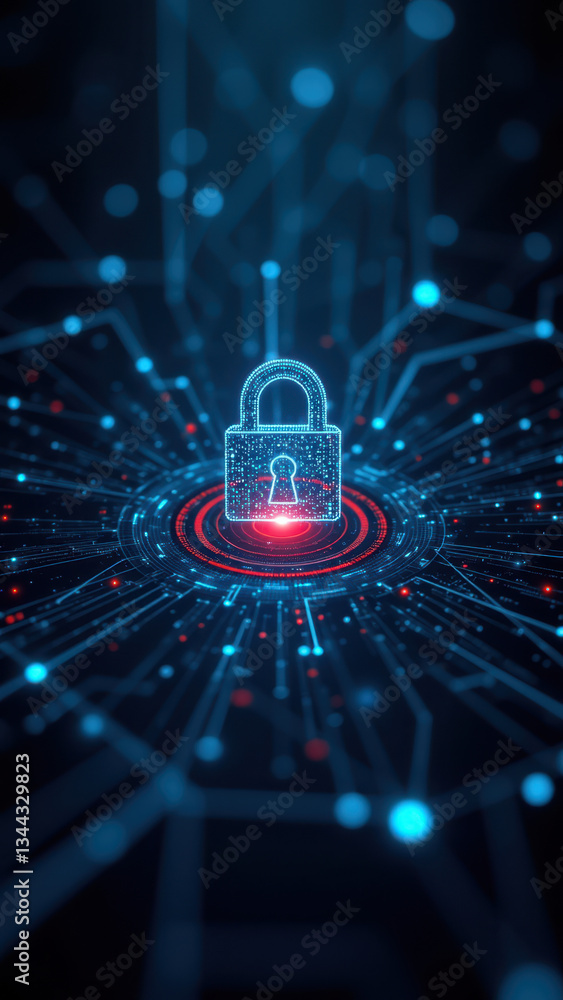 Poster secure network with lock symbol at center, representing cybersecurity measures against unauthorized 