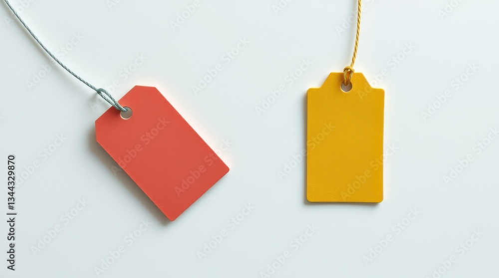 Poster two hanging tags, one is red with gray string, and the other is yellow with golden string on a white