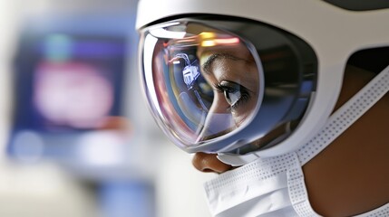 A nurse using augmented reality medical glasses to monitor vitals.