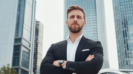 Fototapeta premium Urban Confidence: A distinguished businessman, arms crossed, radiates authority against a backdrop of towering skyscrapers, embodying the essence of success and ambition in the urban landscape.