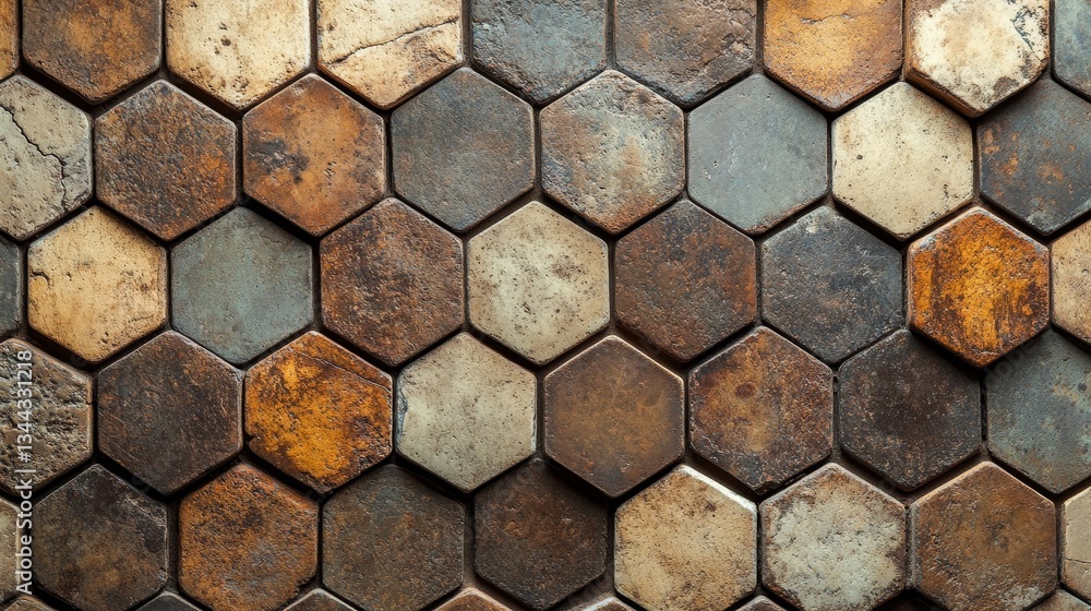 Poster a wall formed by polished natural stone mosaic tiles is depicted, set against a three-dimensional bl