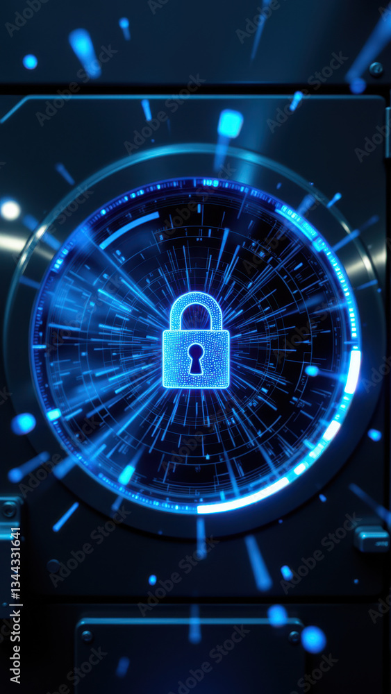 Poster cybersecurity lockdown with vibrant blue hues representing secure data access and protection.