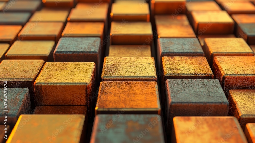 Poster a futuristic tech background featuring perfectly aligned glossy cubes in orange and yellow hues, cre