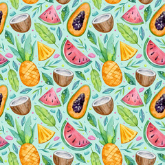 Watercolor painting seamless pattern. Fruit, papaya, coconut, watermelon, leaves. Illustration on blue background. Use it for postcards, invitations, and scrapbooking.